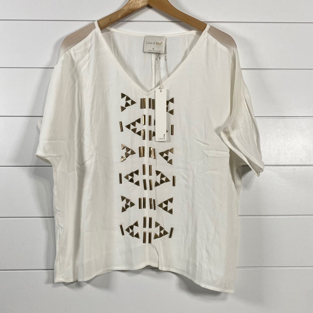 Line & Dot Womens Silk‎ Blend Tribal Gold Embellished Top M NWT White Southwest